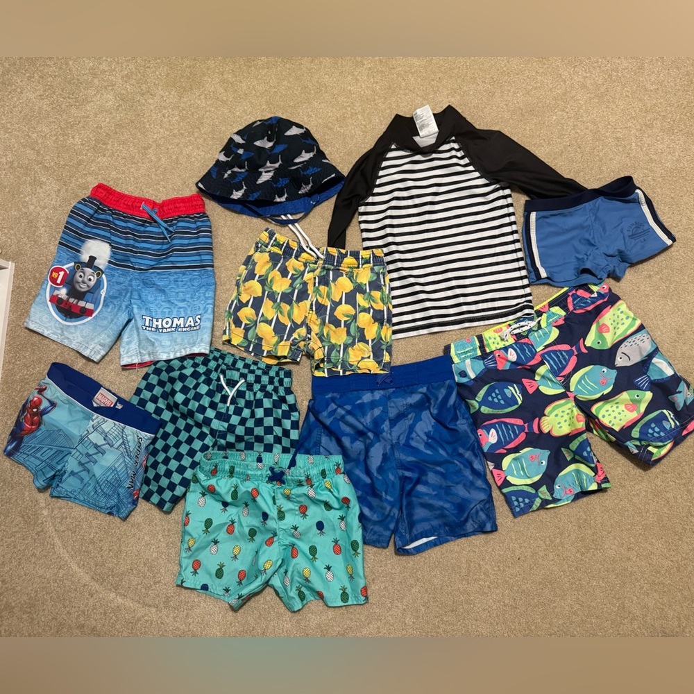10 piece Boys swimming bundle 4-5 T shorts/ hat/ rash guard